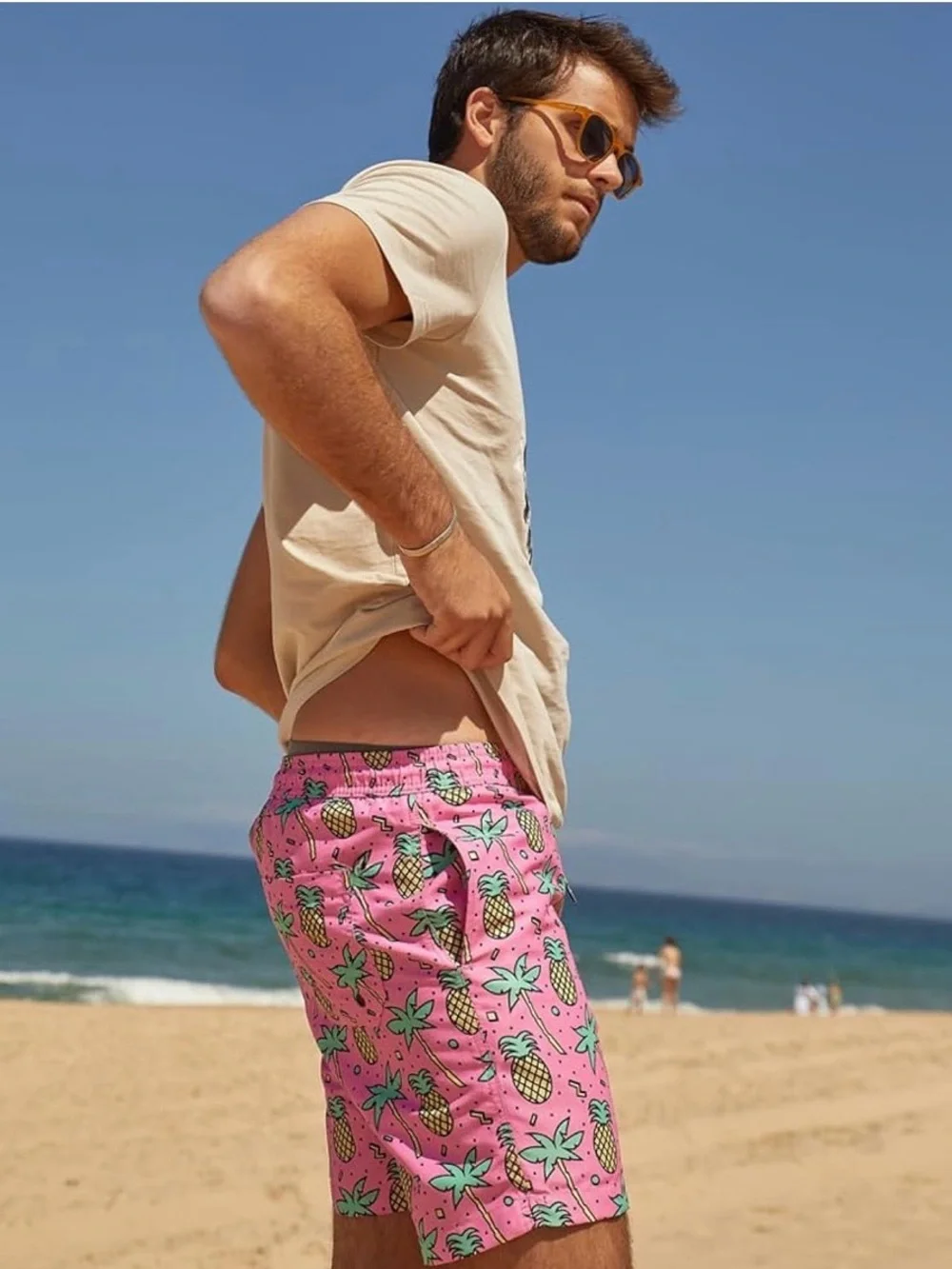 Men's Pink Pineapple Print Swim Trunks with Green Accents
